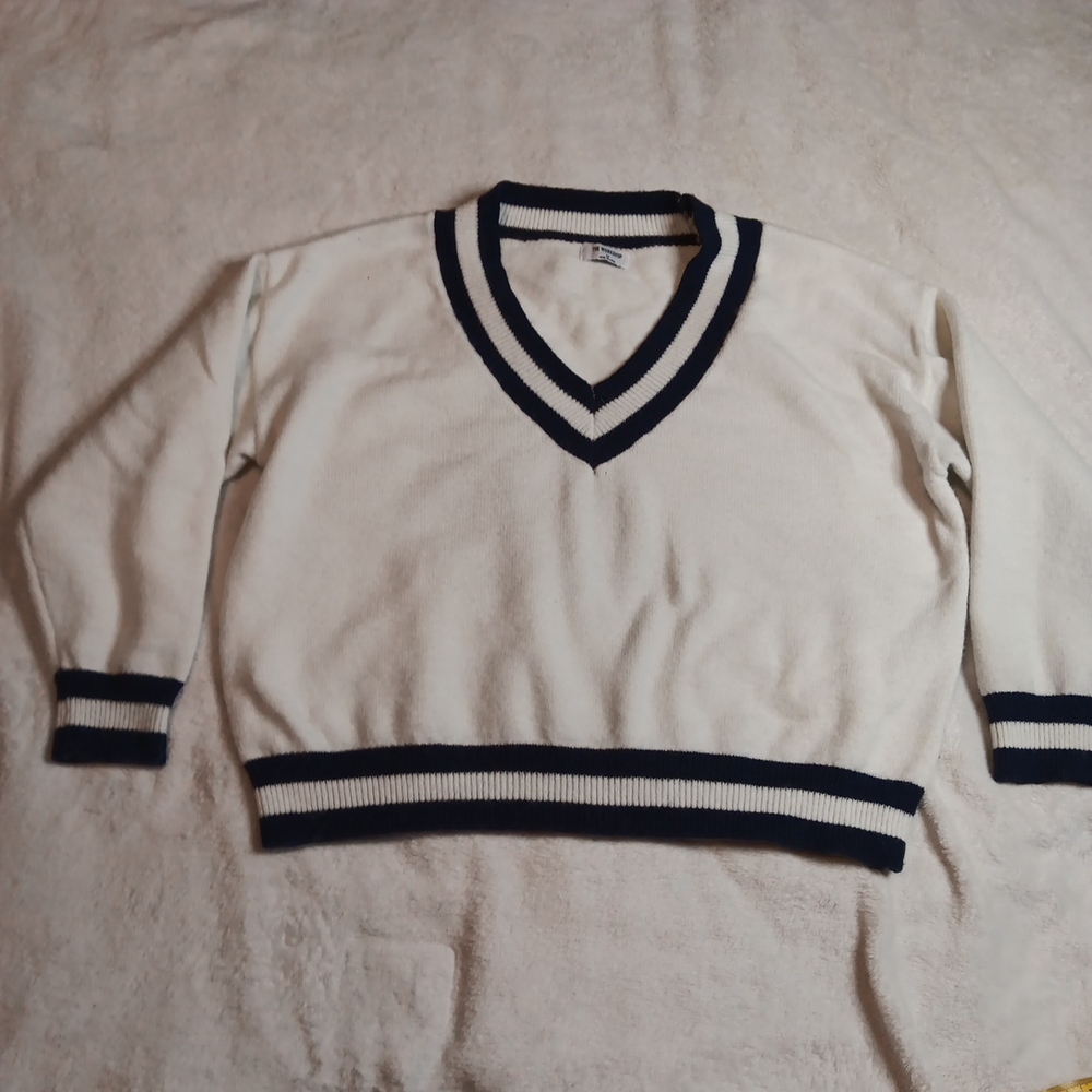 Preppy White V-Neck Sweater with Navy Blue Trim